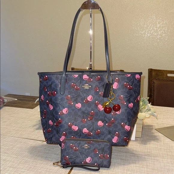 NWT Coach Cherry Print CityTote and Wallet Set -Navy Blue Pink Incl DB,Charm - Picture 1 of 15